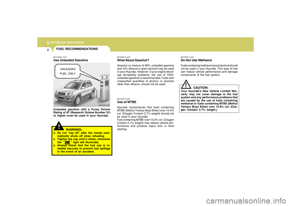HYUNDAI TUCSON 2006  Owners Manual 1FEATURES OF YOUR HYUNDAI2
!
B010A01JM
FUEL RECOMMENDATIONS
CAUTION:
Your Hyundais New Vehicle Limited War-
ranty may not cover damage to the fuel
system and any performance problems that
are caused 