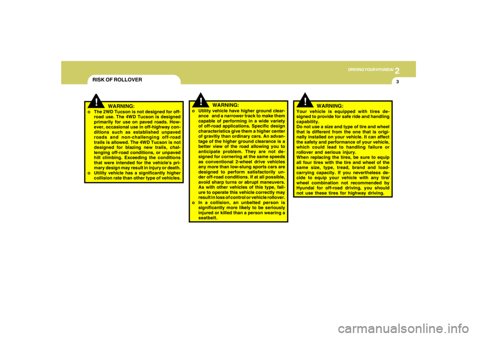 HYUNDAI TUCSON 2006  Owners Manual 2
DRIVING YOUR HYUNDAI
3
!
!
WARNING:
o The 2WD Tucson is not designed for off-
road use. The 4WD Tucson is designed
primarily for use on paved roads. How-
ever, occasional use in off-highway con-
dit