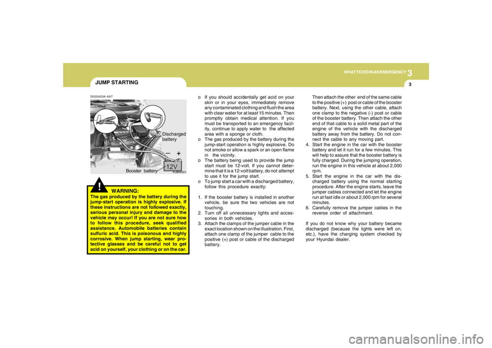 HYUNDAI TUCSON 2006  Owners Manual 3
WHAT TO DO IN AN EMERGENCY
3
JUMP STARTING!
o If you should accidentally get acid on your
skin or in your eyes, immediately remove
any contaminated clothing and flush the area
with clear water for a