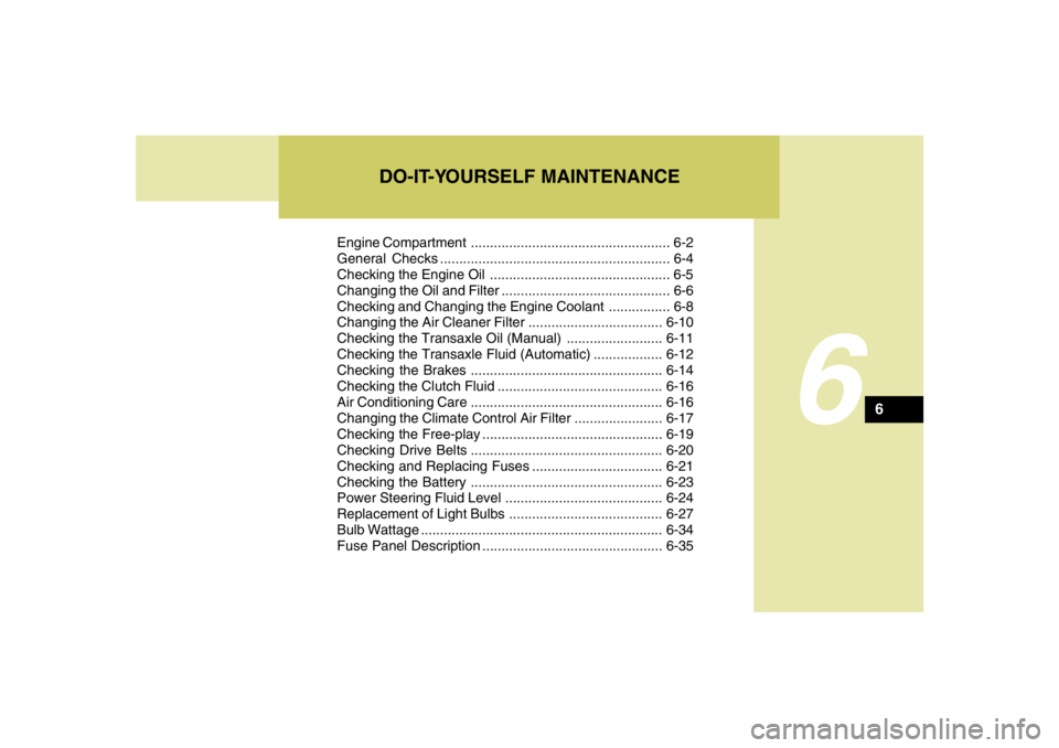 HYUNDAI TUCSON 2006  Owners Manual 6
Engine Compartment .................................................... 6-2
General Checks ............................................................ 6-4
Checking the Engine Oil ..................