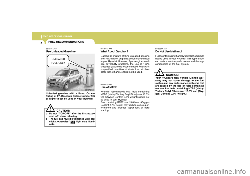 HYUNDAI TUCSON 2005 User Guide 1FEATURES OF YOUR HYUNDAI2
B010A01JM
FUEL RECOMMENDATIONS
CAUTION:
Your Hyundais New Vehicle Limited War-
ranty may not cover damage to the fuel
system and any performance problems that
are caused by HYUNDAI TUCSON 2005 User Guide 1FEATURES OF YOUR HYUNDAI2
B010A01JM
FUEL RECOMMENDATIONS
CAUTION:
Your Hyundais New Vehicle Limited War-
ranty may not cover damage to the fuel
system and any performance problems that
are caused by