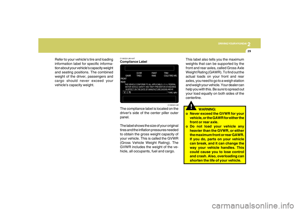 HYUNDAI TUCSON 2005 Owners Manual 2
DRIVING YOUR HYUNDAI
29
C190G01JM-AATCompliance LabelThe compliance label is located on the
drivers side of the center piller outer
panel.
The label shows the size of your original
tires and the in HYUNDAI TUCSON 2005 Owners Manual 2
DRIVING YOUR HYUNDAI
29
C190G01JM-AATCompliance LabelThe compliance label is located on the
drivers side of the center piller outer
panel.
The label shows the size of your original
tires and the in