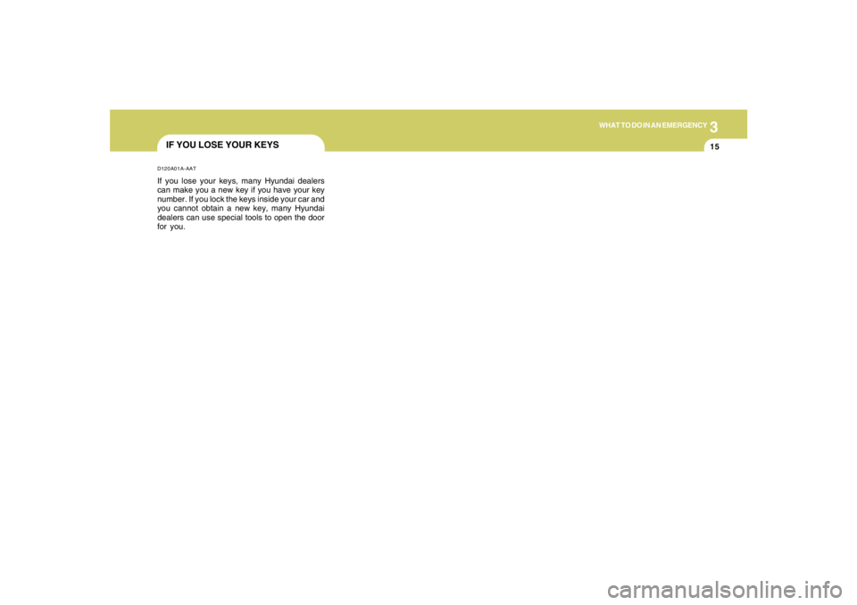 HYUNDAI TUCSON 2005 Owners Manual 3
WHAT TO DO IN AN EMERGENCY
15
IF YOU LOSE YOUR KEYSD120A01A-AATIf you lose your keys, many Hyundai dealers
can make you a new key if you have your key
number. If you lock the keys inside your car an HYUNDAI TUCSON 2005 Owners Manual 3
WHAT TO DO IN AN EMERGENCY
15
IF YOU LOSE YOUR KEYSD120A01A-AATIf you lose your keys, many Hyundai dealers
can make you a new key if you have your key
number. If you lock the keys inside your car an