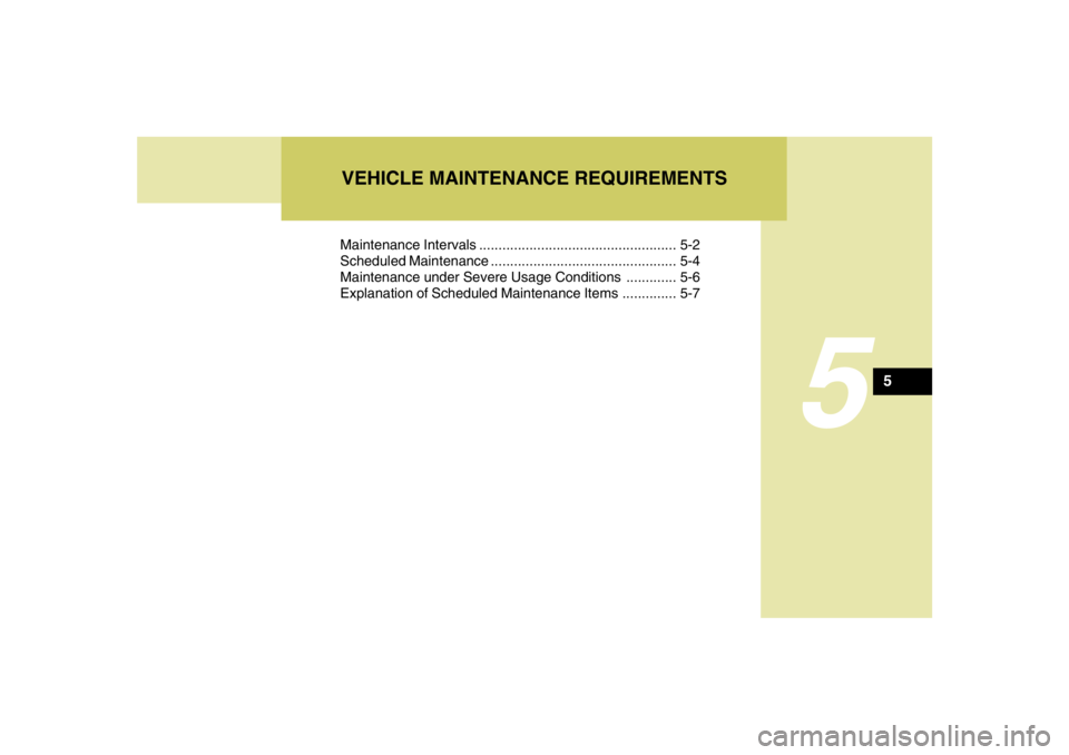 HYUNDAI TUCSON 2005 Owners Manual 5
Maintenance Intervals ................................................... 5-2
Scheduled Maintenance ................................................ 5-4
Maintenance under Severe Usage Conditions ... HYUNDAI TUCSON 2005 Owners Manual 5
Maintenance Intervals ................................................... 5-2
Scheduled Maintenance ................................................ 5-4
Maintenance under Severe Usage Conditions ...