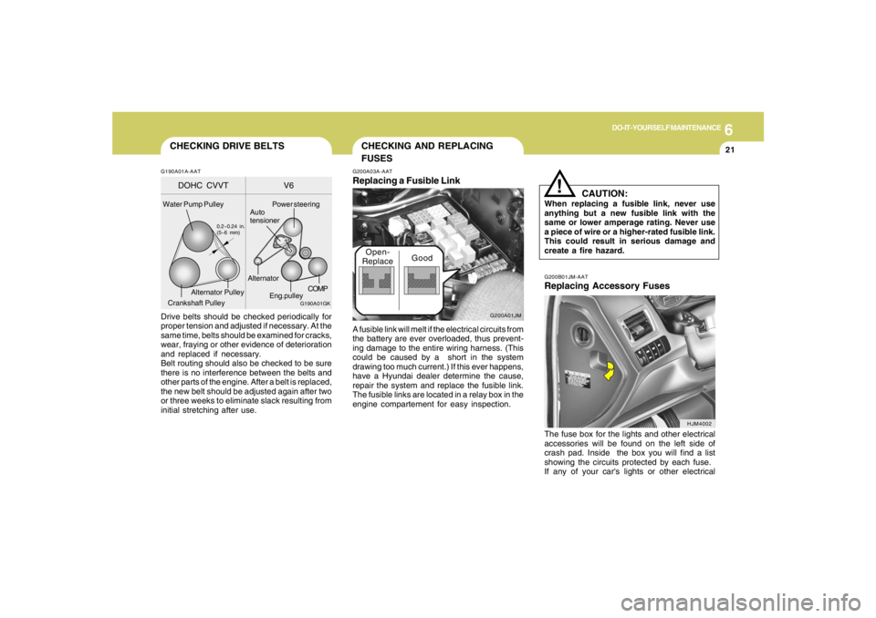 HYUNDAI TUCSON 2005 Owners Manual 6
DO-IT-YOURSELF MAINTENANCE
21
G190A01GK
DOHC CVVT V6
Water Pump Pulley
0.2~0.24 in.
(5~6 mm)
Power steering
COMP
Auto
tensioner
Alternator Pulley
Crankshaft PulleyAlternator
Eng.pulley
CHECKING DRIV HYUNDAI TUCSON 2005 Owners Manual 6
DO-IT-YOURSELF MAINTENANCE
21
G190A01GK
DOHC CVVT V6
Water Pump Pulley
0.2~0.24 in.
(5~6 mm)
Power steering
COMP
Auto
tensioner
Alternator Pulley
Crankshaft PulleyAlternator
Eng.pulley
CHECKING DRIV