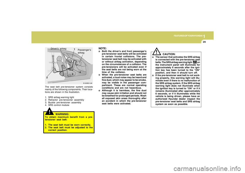 HYUNDAI TUCSON 2005  Owners Manual 1
FEATURES OF YOUR HYUNDAI
29
!
The seat belt pre-tensioner system consists
mainly of the following components. Their loca-
tions are shown in the illustration.
1. SRS airbag warning light
2. Retracto