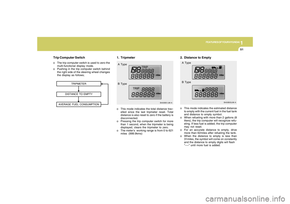 HYUNDAI TUCSON 2005 Repair Manual 1
FEATURES OF YOUR HYUNDAI
51
2. Distance to Empty
B400B03JM-A
o This mode indicates the estimated distance
to empty with the current fuel in the fuel tank
and distance to empty symbol.
o When refueli HYUNDAI TUCSON 2005 Repair Manual 1
FEATURES OF YOUR HYUNDAI
51
2. Distance to Empty
B400B03JM-A
o This mode indicates the estimated distance
to empty with the current fuel in the fuel tank
and distance to empty symbol.
o When refueli
