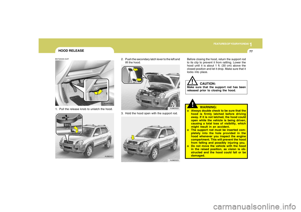 HYUNDAI TUCSON 2005 Manual Online 1
FEATURES OF YOUR HYUNDAI
77
!
Before closing the hood, return the support rod
to its clip to prevent it from rattling. Lower the
hood until it is about 1 ft. (30 cm) above the
closed position and le HYUNDAI TUCSON 2005 Manual Online 1
FEATURES OF YOUR HYUNDAI
77
!
Before closing the hood, return the support rod
to its clip to prevent it from rattling. Lower the
hood until it is about 1 ft. (30 cm) above the
closed position and le