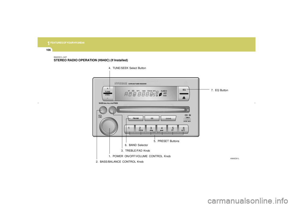 HYUNDAI XG350 2005  Owners Manual 1FEATURES OF YOUR HYUNDAI
106
B940O01L-AATSTEREO RADIO OPERATION (H940C) (If Installed)
H940O01L
1. POWER ON/OFF/VOLUME CONTROL Knob
2. BASS/BALANCE CONTROL Knob3. TREBLE/FAD Knob 4. TUNE/SEEK Select 