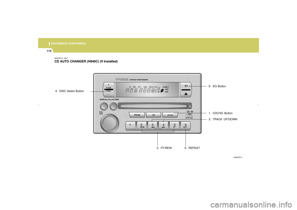 HYUNDAI XG350 2005 Owners Manual 1FEATURES OF YOUR HYUNDAI
112
B940S01L-AATCD AUTO CHANGER (H940C) (If Installed)
1. CDCHG Button
2. FF/REW3. TRACK UP/DOWN 4. DISC Select Button
5. REPEAT6. EQ Button
H940O01L
xgflhma-1.p656/16/04, 3: HYUNDAI XG350 2005 Owners Manual 1FEATURES OF YOUR HYUNDAI
112
B940S01L-AATCD AUTO CHANGER (H940C) (If Installed)
1. CDCHG Button
2. FF/REW3. TRACK UP/DOWN 4. DISC Select Button
5. REPEAT6. EQ Button
H940O01L
xgflhma-1.p656/16/04, 3: