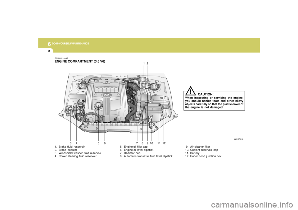 HYUNDAI XG350 2005 Owners Manual 6
DO-IT-YOURSELF MAINTENANCE
2
1. Brake fluid reservoir
2. Brake booster
3. Windshield washer fluid reservoir
4. Power steering fluid reservoir5. Engine oil filler cap
6. Engine oil level dipstick
7. HYUNDAI XG350 2005 Owners Manual 6
DO-IT-YOURSELF MAINTENANCE
2
1. Brake fluid reservoir
2. Brake booster
3. Windshield washer fluid reservoir
4. Power steering fluid reservoir5. Engine oil filler cap
6. Engine oil level dipstick
7.