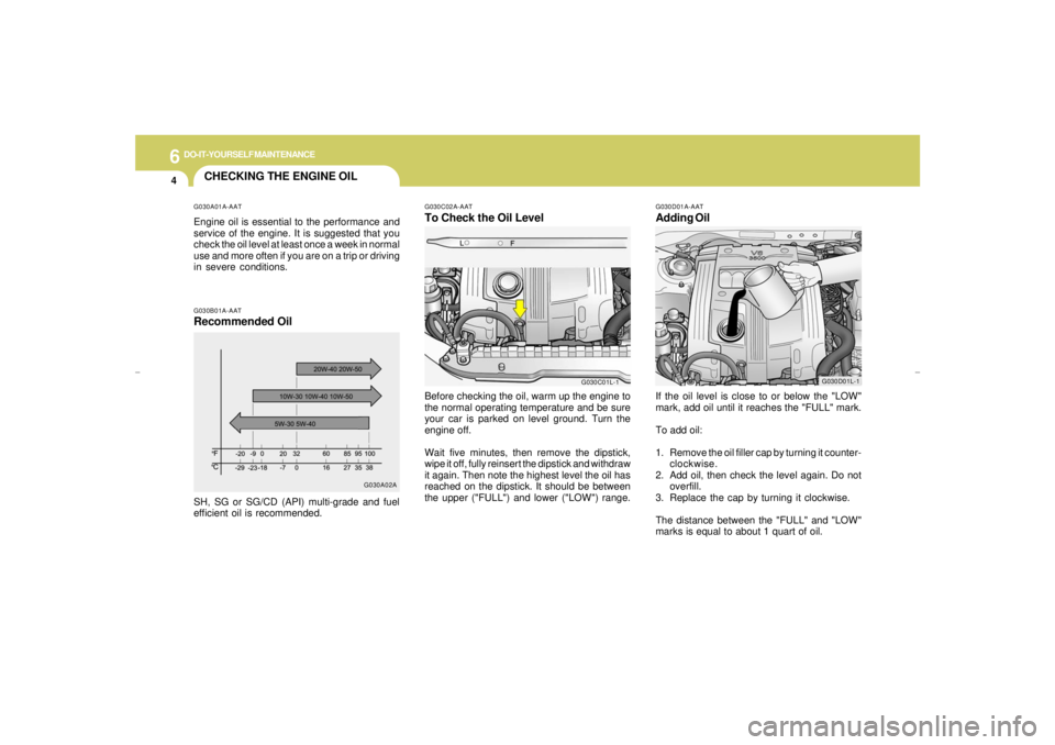 HYUNDAI XG350 2005 Owners Manual 6
DO-IT-YOURSELF MAINTENANCE
4
CHECKING THE ENGINE OIL
G030D01A-AATAdding OilIf the oil level is close to or below the "LOW"
mark, add oil until it reaches the "FULL" mark.
To add oil:
1. Remove the o HYUNDAI XG350 2005 Owners Manual 6
DO-IT-YOURSELF MAINTENANCE
4
CHECKING THE ENGINE OIL
G030D01A-AATAdding OilIf the oil level is close to or below the "LOW"
mark, add oil until it reaches the "FULL" mark.
To add oil:
1. Remove the o