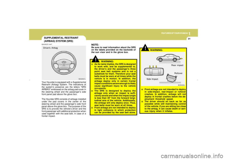 HYUNDAI XG350 2005  Owners Manual 1
FEATURES OF YOUR HYUNDAI
31
SUPPLEMENTAL RESTRAINT
(AIRBAG) SYSTEM (SRS)
!
B240A03Y-AATYour Hyundai is equipped with a Supplemental
Restraint (Airbag) System. The indications of
the system’s prese