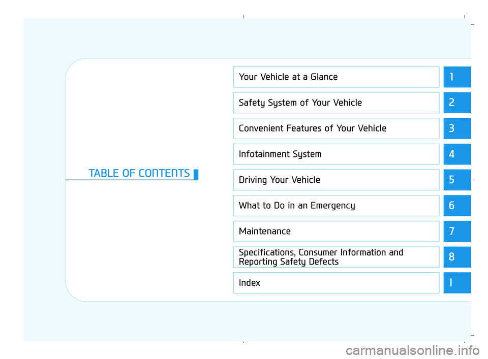 HYUNDAI ACCENT 2022  Owners Manual 1
2
3
4
5
6
7
8
I
Your Vehicle at a Glance
Safety System of Your Vehicle
Convenient Features of Your Vehicle
Infotainment System
Driving Your Vehicle
What to Do in an Emergency
Maintenance
Specificati