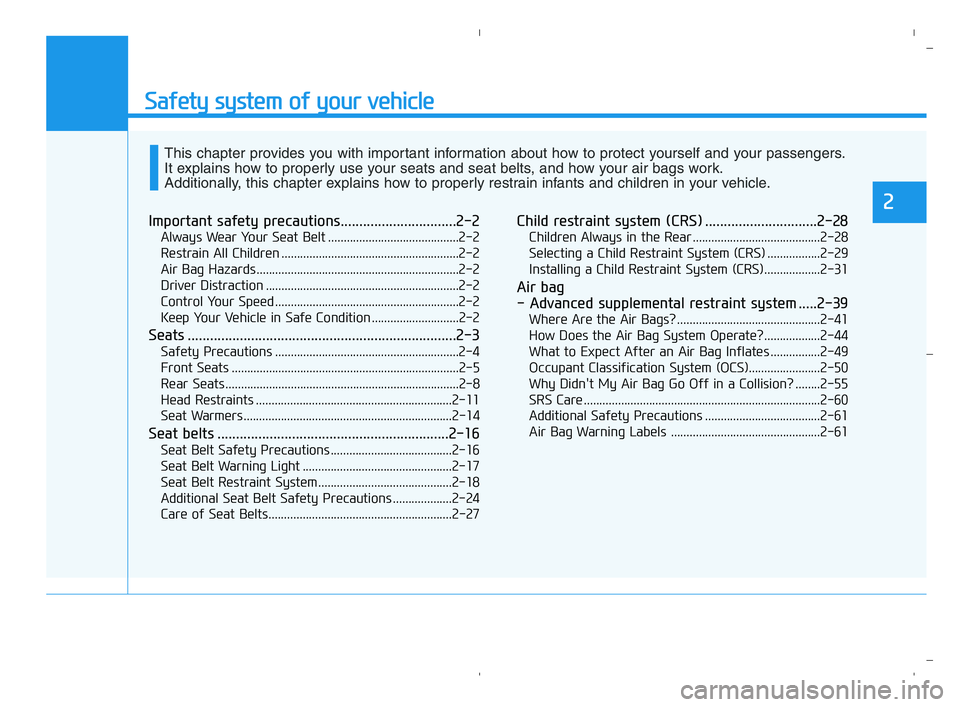 HYUNDAI ACCENT 2022  Owners Manual Safety system of your vehicle
Important safety precautions...............................2-2
Always Wear Your Seat Belt ..........................................2-2
Restrain All Children ............
