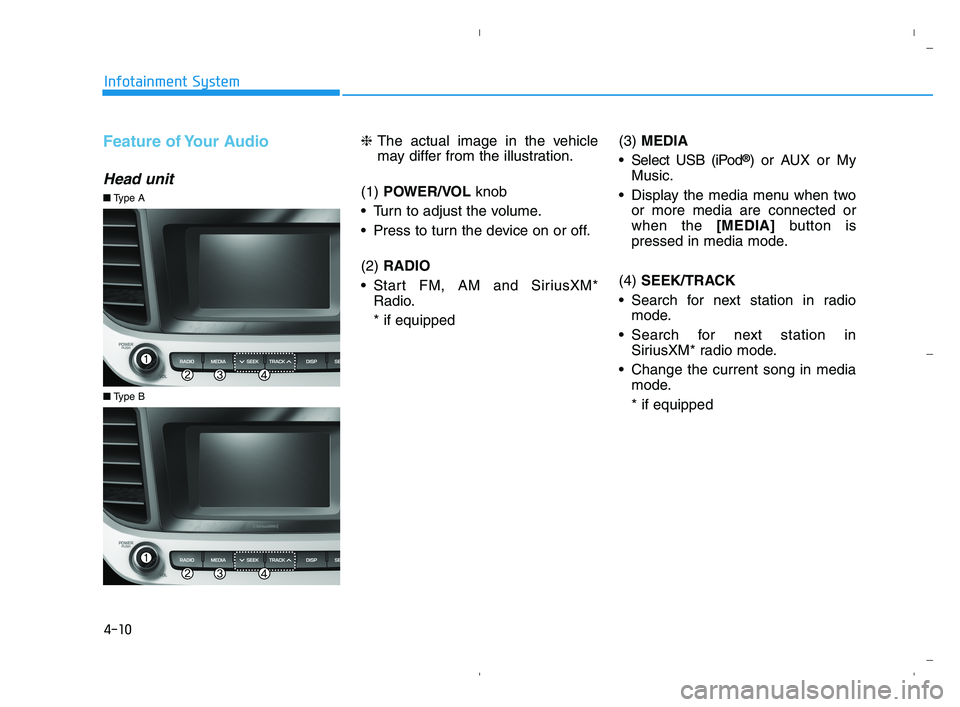 HYUNDAI ACCENT 2022  Owners Manual Feature of Your Audio
Head unit
❈The actual image in the vehicle
may differ from the illustration.
(1) POWER/VOL knob 
 Turn to adjust the volume.
 Press to turn the device on or off.
(2) RADIO
 Sta