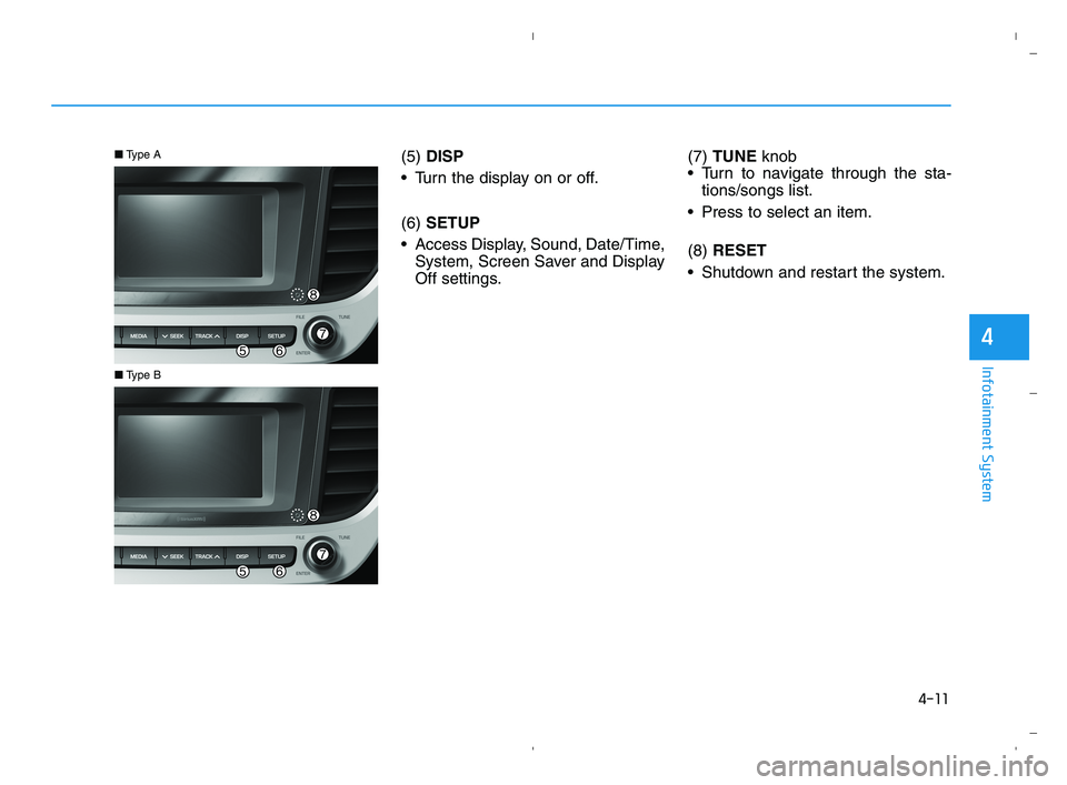HYUNDAI ACCENT 2022  Owners Manual (5) DISP
 Turn the display on or off.
(6)SETUP
 Access Display, Sound, Date/Time,
System, Screen Saver and Display
Off settings.(7) TUNE knob 
 Turn to navigate through the sta-
tions/songs list.
 Pre