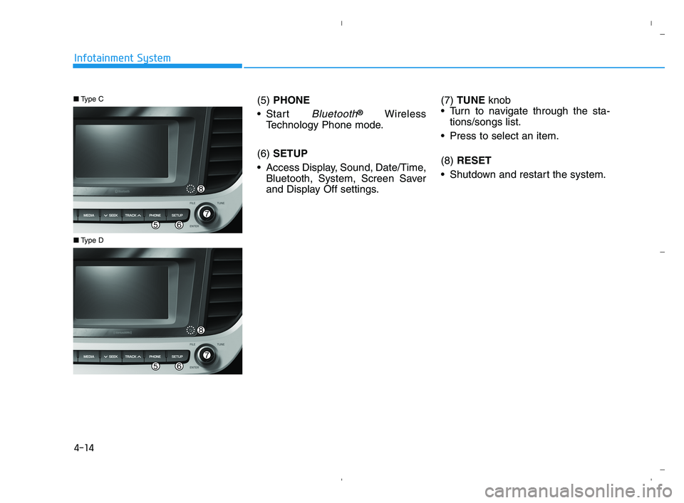 HYUNDAI ACCENT 2021 Owners Manual 4-14
Infotainment System
(5) PHONE
Start
Bluetooth®Wireless
Technology Phone mode.
(6)SETUP
Access Display, Sound, Date/Time,
Bluetooth, System, Screen Saver
and Display Off settings.(7) TUNE knob HYUNDAI ACCENT 2021 Owners Manual 4-14
Infotainment System
(5) PHONE
Start
Bluetooth®Wireless
Technology Phone mode.
(6)SETUP
Access Display, Sound, Date/Time,
Bluetooth, System, Screen Saver
and Display Off settings.(7) TUNE knob