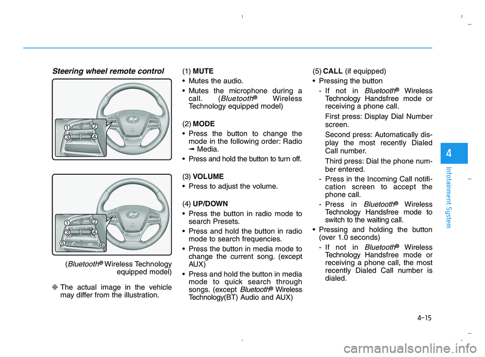 HYUNDAI ACCENT 2021 Owners Manual 4-15
Infotainment System
4
Steering wheel remote control
(Bluetooth®Wireless Technology
equipped model)
❈The actual image in the vehicle
may differ from the illustration.(1)MUTE
Mutes the audio.
HYUNDAI ACCENT 2021 Owners Manual 4-15
Infotainment System
4
Steering wheel remote control
(Bluetooth®Wireless Technology
equipped model)
❈The actual image in the vehicle
may differ from the illustration.(1)MUTE
Mutes the audio.