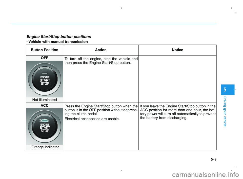 HYUNDAI ACCENT 2022 Owners Manual 5-9
Driving your vehicle
5
Engine Start/Stop button positions
- Vehicle with manual transmission
Button Position Action Notice
OFF
To turn off the engine, stop the vehicle and
then press the Engine S HYUNDAI ACCENT 2022 Owners Manual 5-9
Driving your vehicle
5
Engine Start/Stop button positions
- Vehicle with manual transmission
Button Position Action Notice
OFF
To turn off the engine, stop the vehicle and
then press the Engine S