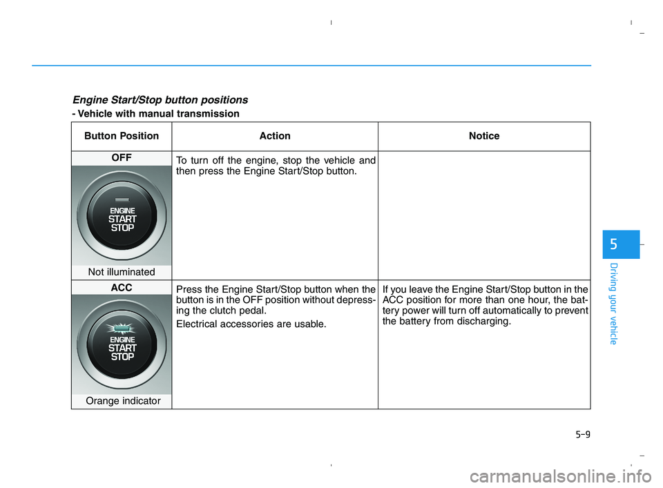 HYUNDAI ACCENT 2022  Owners Manual 5-9
Driving your vehicle
5
Engine Start/Stop button positions 
- Vehicle with manual transmission
Button Position Action Notice
OFF
To turn off the engine, stop the vehicle and
then press the Engine S