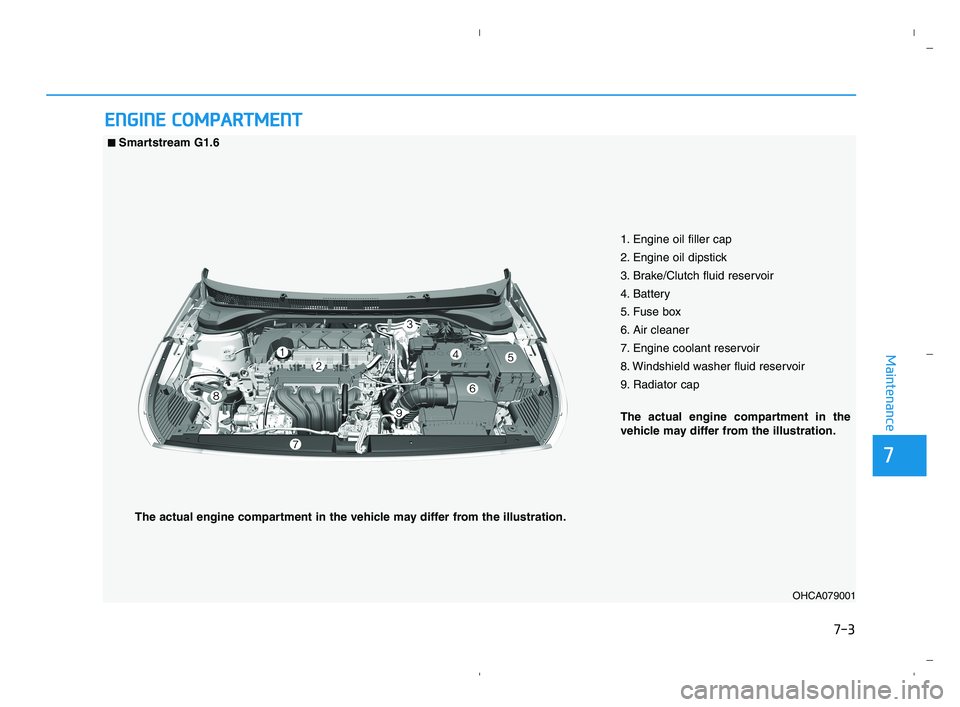 HYUNDAI ACCENT 2022 Owners Manual 7-3
7
Maintenance
E EN
NG
GI
IN
NE
E
C
CO
OM
MP
PA
AR
RT
TM
ME
EN
NT
T
OHCA079001
■
■Smartstream G1.6
1. Engine oil filler cap
2. Engine oil dipstick
3. Brake/Clutch fluid reservoir
4. Batter HYUNDAI ACCENT 2022 Owners Manual 7-3
7
Maintenance
E EN
NG
GI
IN
NE
E
C
CO
OM
MP
PA
AR
RT
TM
ME
EN
NT
T
OHCA079001
■
■Smartstream G1.6
1. Engine oil filler cap
2. Engine oil dipstick
3. Brake/Clutch fluid reservoir
4. Batter