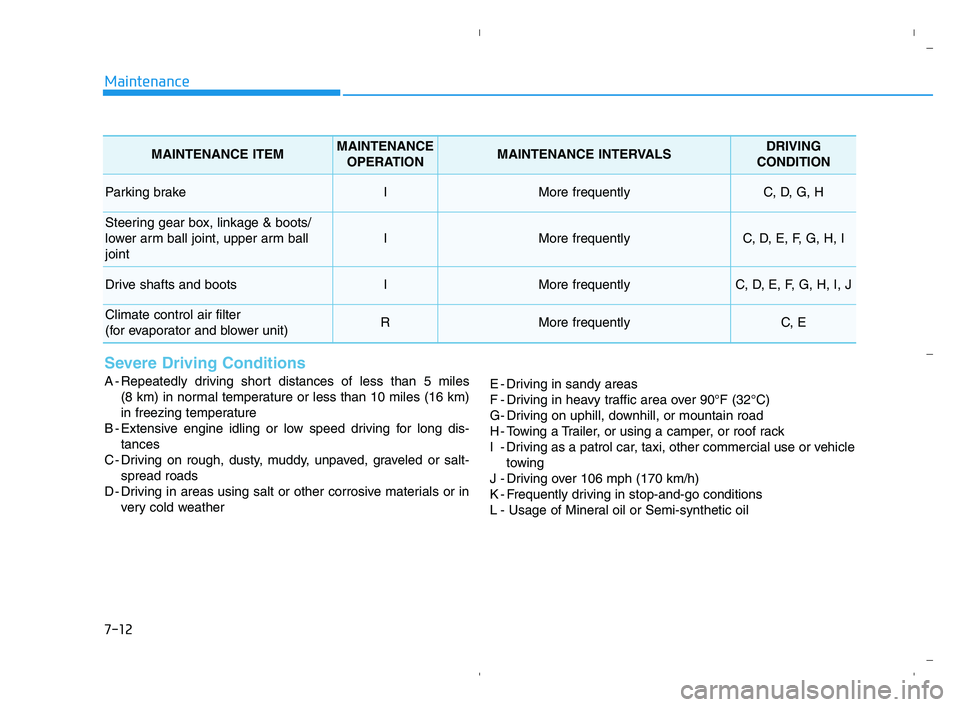 HYUNDAI ACCENT 2022 Owners Manual 7-12
Maintenance
Severe Driving Conditions
A - Repeatedly driving short distances of less than 5 miles
(8 km) in normal temperature or less than 10 miles (16 km)
in freezing temperature
B - Extensive HYUNDAI ACCENT 2022 Owners Manual 7-12
Maintenance
Severe Driving Conditions
A - Repeatedly driving short distances of less than 5 miles
(8 km) in normal temperature or less than 10 miles (16 km)
in freezing temperature
B - Extensive