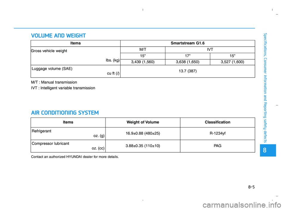 HYUNDAI ACCENT 2022 Owners Manual 8-5
88
Specifications, Consumer information and Reporting safety defectsV VO
OL
LU
UM
ME
E
A
AN
ND
D
W
WE
EI
IG
GH
HT
T
A AI
IR
R
C
CO
ON
ND
DI
IT
TI
IO
ON
NI
IN
NG
G
S
SY
YS
ST
TE
EM
M
Contac HYUNDAI ACCENT 2022 Owners Manual 8-5
88
Specifications, Consumer information and Reporting safety defectsV VO
OL
LU
UM
ME
E
A
AN
ND
D
W
WE
EI
IG
GH
HT
T
A AI
IR
R
C
CO
ON
ND
DI
IT
TI
IO
ON
NI
IN
NG
G
S
SY
YS
ST
TE
EM
M
Contac