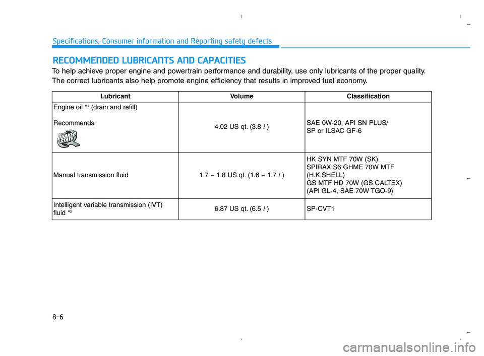 HYUNDAI ACCENT 2022 Owners Manual 8-6
Specifications, Consumer information and Reporting safety defects
To help achieve proper engine and powertrain performance and durability, use only lubricants of the proper quality.
The correct lu HYUNDAI ACCENT 2022 Owners Manual 8-6
Specifications, Consumer information and Reporting safety defects
To help achieve proper engine and powertrain performance and durability, use only lubricants of the proper quality.
The correct lu