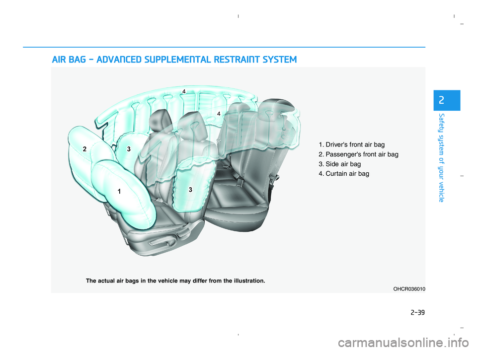 HYUNDAI ACCENT 2022 Workshop Manual 2-39
Safety system of your vehicle
2
A AI
IR
R
B
BA
AG
G
-
-
A
AD
DV
VA
AN
NC
CE
ED
D
S
SU
UP
PP
PL
LE
EM
ME
EN
NT
TA
AL
L
R
RE
ES
ST
TR
RA
AI
IN
NT
T
S
SY
YS
ST
TE
EM
M
OHCR036010
The act HYUNDAI ACCENT 2022 Workshop Manual 2-39
Safety system of your vehicle
2
A AI
IR
R
B
BA
AG
G
-
-
A
AD
DV
VA
AN
NC
CE
ED
D
S
SU
UP
PP
PL
LE
EM
ME
EN
NT
TA
AL
L
R
RE
ES
ST
TR
RA
AI
IN
NT
T
S
SY
YS
ST
TE
EM
M
OHCR036010
The act