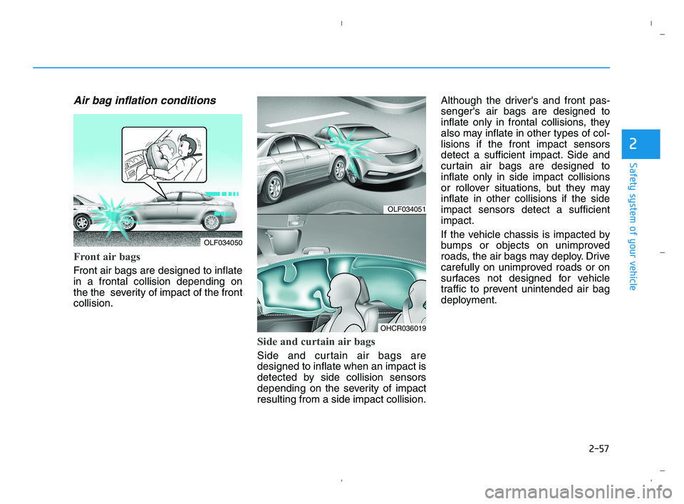 HYUNDAI ACCENT 2022 Manual PDF 2-57
Safety system of your vehicle
2
Air bag inflation conditions
Front air bags
Front air bags are designed to inflate
in a frontal collision depending on
the the severity of impact of the front
c HYUNDAI ACCENT 2022 Manual PDF 2-57
Safety system of your vehicle
2
Air bag inflation conditions
Front air bags
Front air bags are designed to inflate
in a frontal collision depending on
the the severity of impact of the front
c