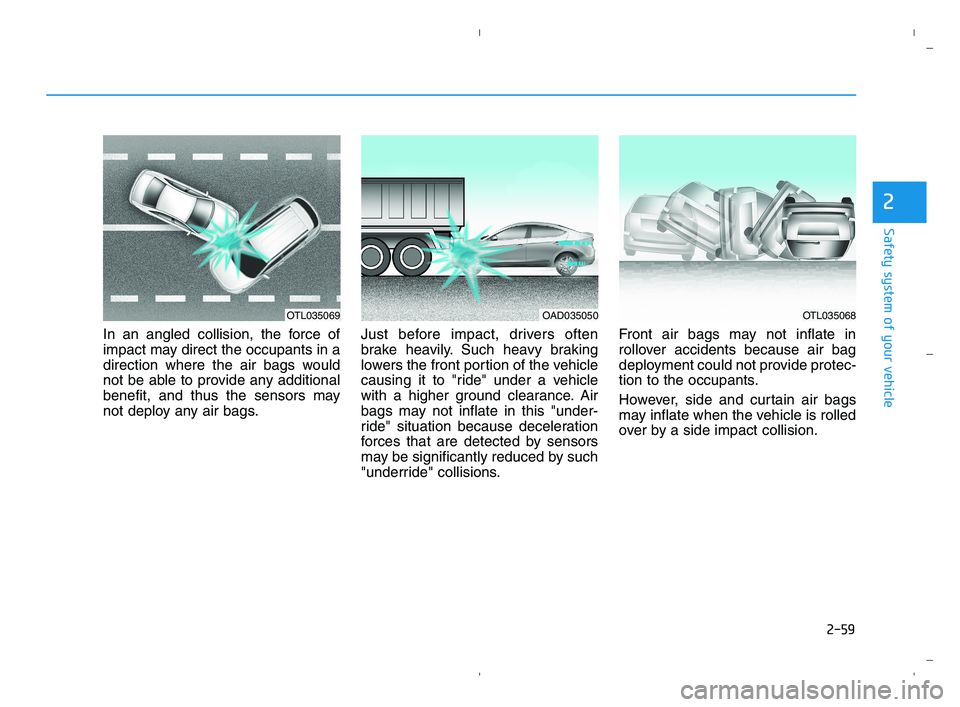 HYUNDAI ACCENT 2022  Owners Manual 2-59
Safety system of your vehicle
2
In an angled collision, the force of
impact may direct the occupants in a
direction where the air bags would
not be able to provide any additional
benefit, and thu