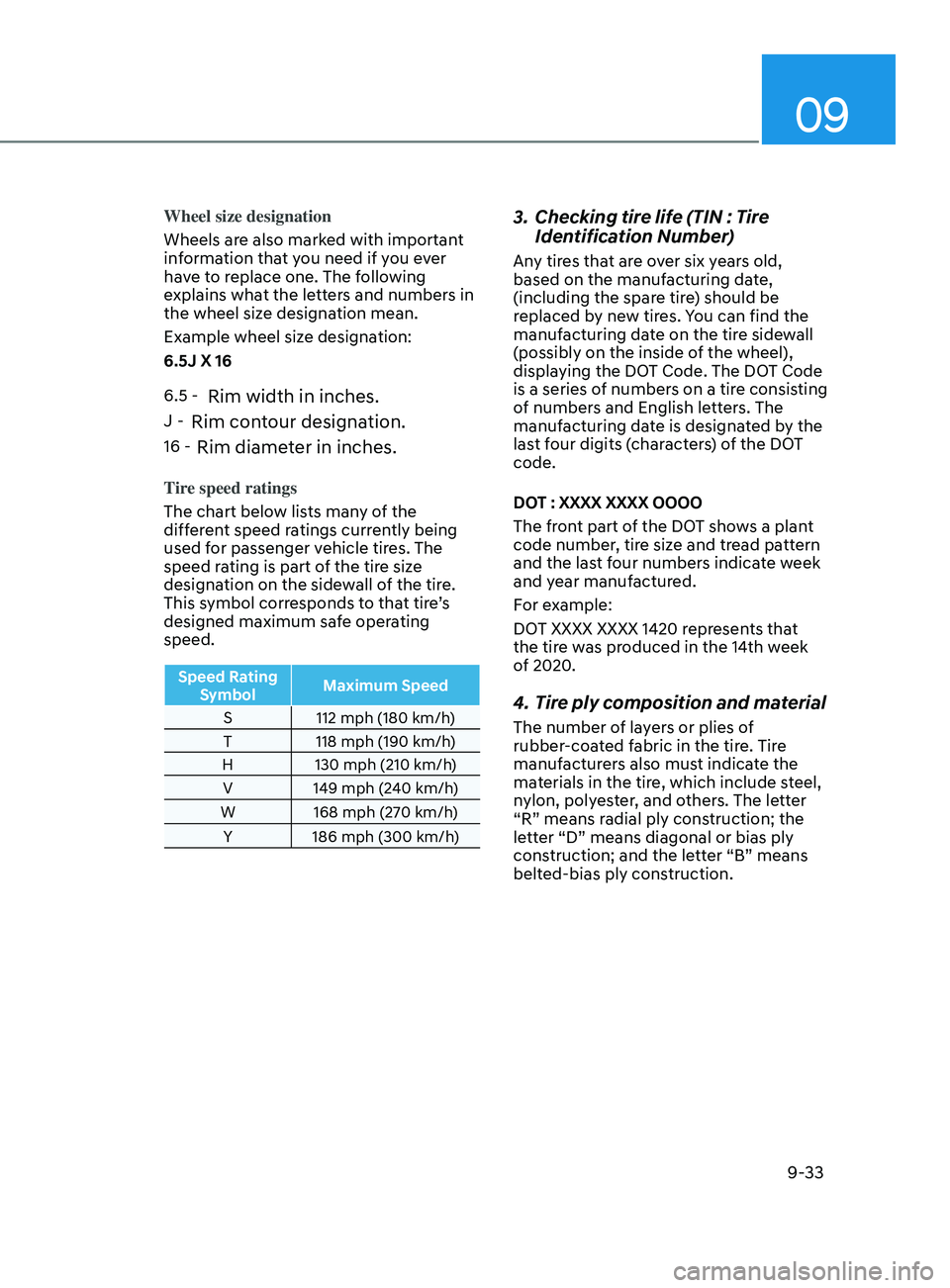 HYUNDAI ELANTRA 2021  Owners Manual 09
9-33
Wheel size designation
Wheels are also marked with important 
information that you need if you ever 
have to replace one. The following 
explains what the letters and numbers in 
the wheel siz