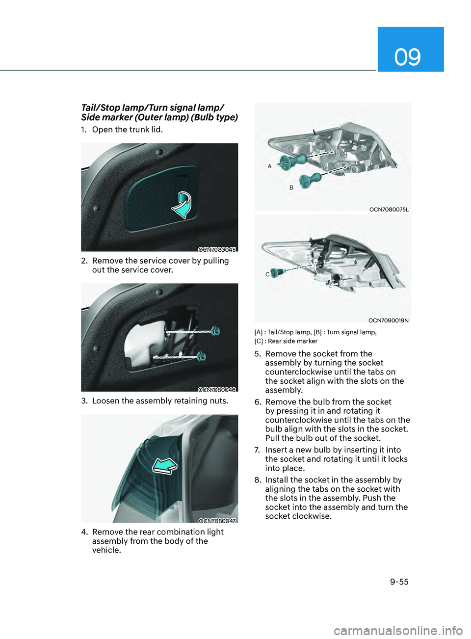 HYUNDAI ELANTRA 2021  Owners Manual 09
9-55
Tail/Stop lamp/Turn signal lamp/
Side marker (Outer lamp) (Bulb type)
1. Open the trunk lid.
OCN7080045
2. Remove the service cover by pulling 
out the service cover.
OCN7080046
3. Loosen the 