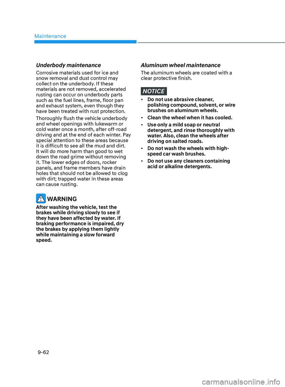 HYUNDAI ELANTRA 2021  Owners Manual Maintenance
9-62
Underbody maintenance
Corrosive materials used for ice and 
snow removal and dust control may 
collect on the underbody. If these 
materials are not removed, accelerated 
rusting can 