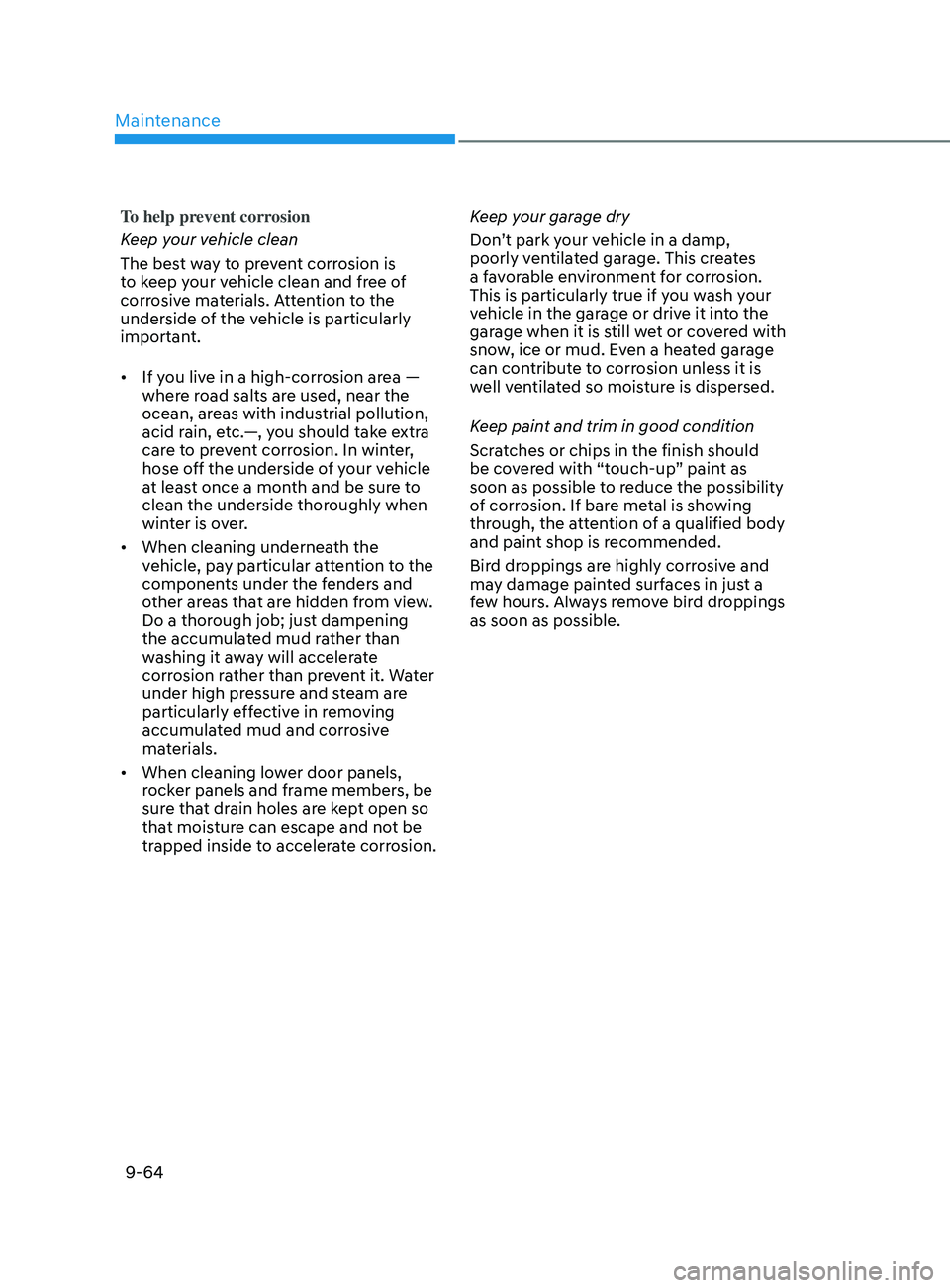 HYUNDAI ELANTRA 2021  Owners Manual Maintenance
9-64
To help prevent corrosion
Keep your vehicle clean
The best way to prevent corrosion is 
to keep your vehicle clean and free of 
corrosive materials. Attention to the 
underside of the
