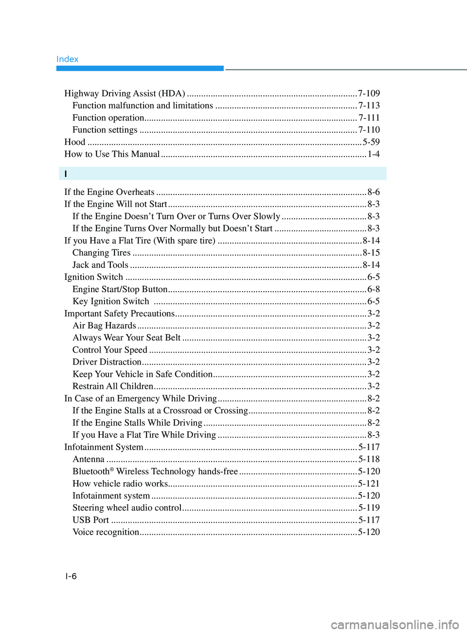 HYUNDAI ELANTRA 2021  Owners Manual Index
I-6
Highway Driving Assist (HDA) ........................................................................\
7-109
 Function malfunction and limitations ...........................................