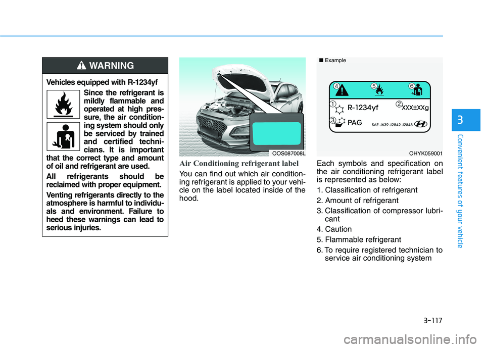 HYUNDAI KONA 2021 Owners Manual 3-117
Convenient features of your vehicle
3
Air Conditioning refrigerant label
You can find out which air condition-
ing refrigerant is applied to your vehi-
cle on the label located inside of the
hoo HYUNDAI KONA 2021 Owners Manual 3-117
Convenient features of your vehicle
3
Air Conditioning refrigerant label
You can find out which air condition-
ing refrigerant is applied to your vehi-
cle on the label located inside of the
hoo