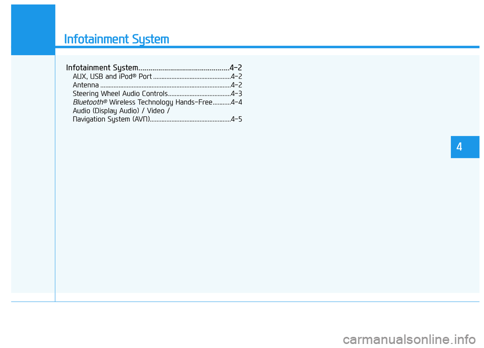 HYUNDAI KONA 2021 Owners Manual Infotainment System
Infotainment System..............................................4-2
AUX, USB and iPod®Port ...............................................4-2
Antenna ............................ HYUNDAI KONA 2021 Owners Manual Infotainment System
Infotainment System..............................................4-2
AUX, USB and iPod®Port ...............................................4-2
Antenna ............................