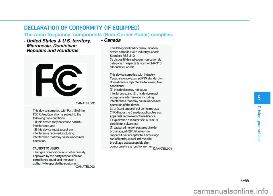 HYUNDAI KONA 2021 Owners Manual 5-55
Driving your vehicle
- United States & U.S. territory,
Micronesia, Dominican
Republic and Honduras- Canada
D DE
EC
CL
LA
AR
RA
AT
TI
IO
ON
N
O
OF
F
C
CO
ON
NF
FO
OR
RM
MI
IT
TY
Y
(
(I
IF
F HYUNDAI KONA 2021 Owners Manual 5-55
Driving your vehicle
- United States & U.S. territory,
Micronesia, Dominican
Republic and Honduras- Canada
D DE
EC
CL
LA
AR
RA
AT
TI
IO
ON
N
O
OF
F
C
CO
ON
NF
FO
OR
RM
MI
IT
TY
Y
(
(I
IF
F