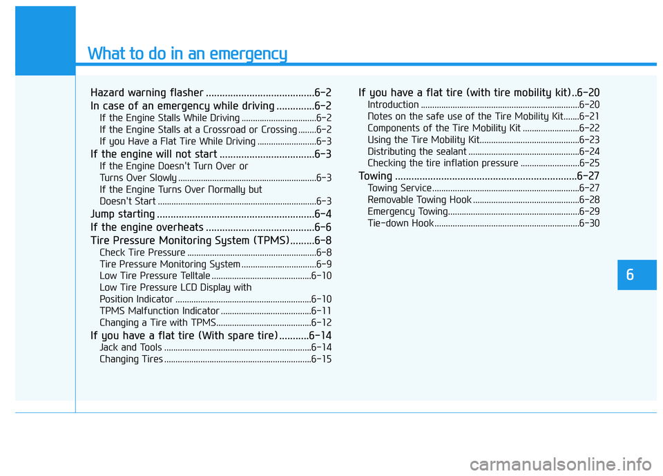 HYUNDAI KONA 2021 Owners Manual What to do in an emergency
6
Hazard warning flasher ........................................6-2
In case of an emergency while driving ..............6-2
If the Engine Stalls While Driving ............. HYUNDAI KONA 2021 Owners Manual What to do in an emergency
6
Hazard warning flasher ........................................6-2
In case of an emergency while driving ..............6-2
If the Engine Stalls While Driving .............