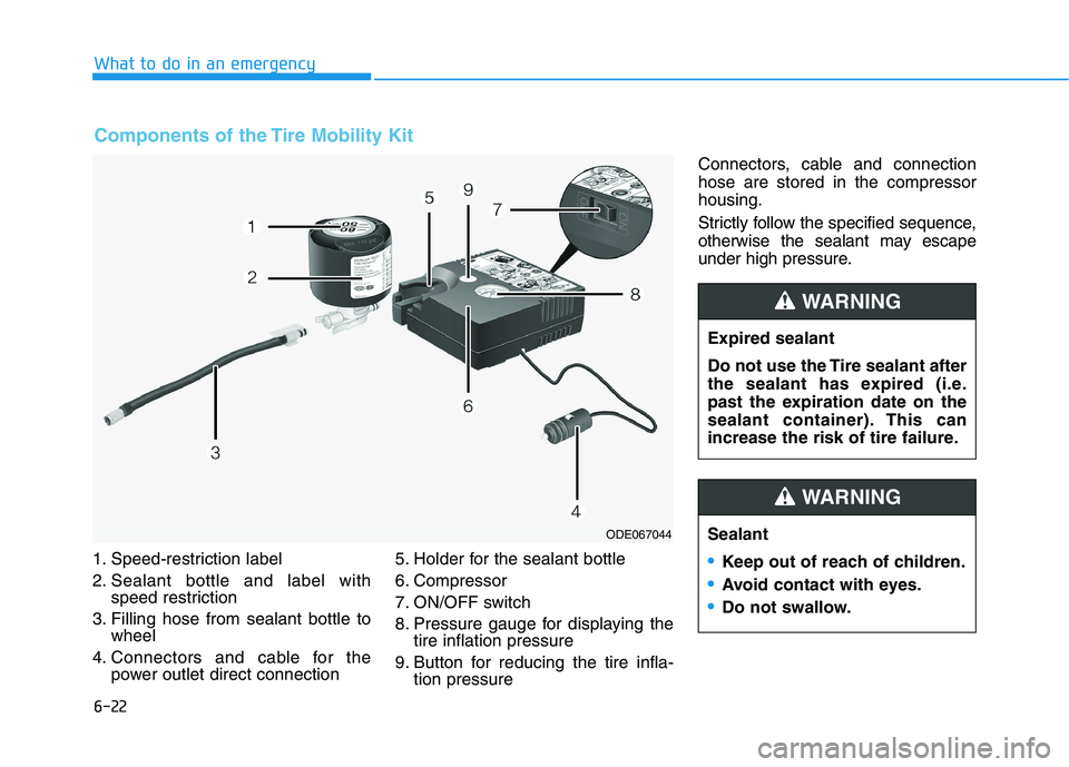 HYUNDAI KONA 2021 Owners Manual 6-22
1. Speed-restriction label
2. Sealant bottle and label withspeed restriction
3. Filling hose from sealant bottle to wheel
4. Connectors and cable for the power outlet direct connection 5. Holder HYUNDAI KONA 2021 Owners Manual 6-22
1. Speed-restriction label
2. Sealant bottle and label withspeed restriction
3. Filling hose from sealant bottle to wheel
4. Connectors and cable for the power outlet direct connection 5. Holder