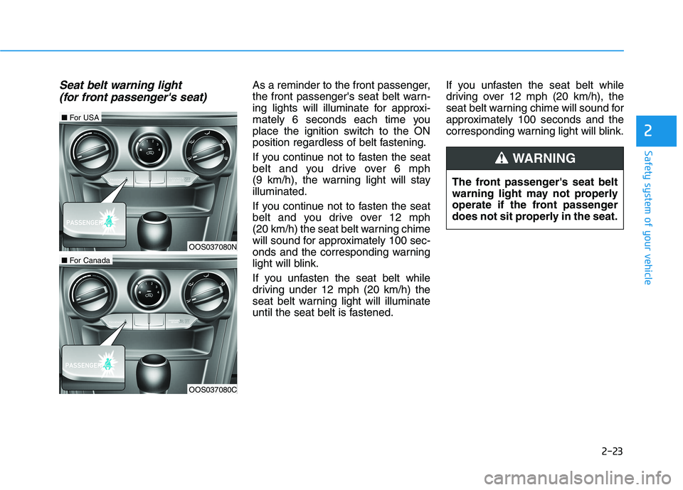 HYUNDAI KONA 2021  Owners Manual 2-23
Safety system of your vehicle
2
Seat belt warning light 
(for front passengers seat) As a reminder to the front passenger,
the front passengers seat belt warn-
ing lights will illuminate for ap