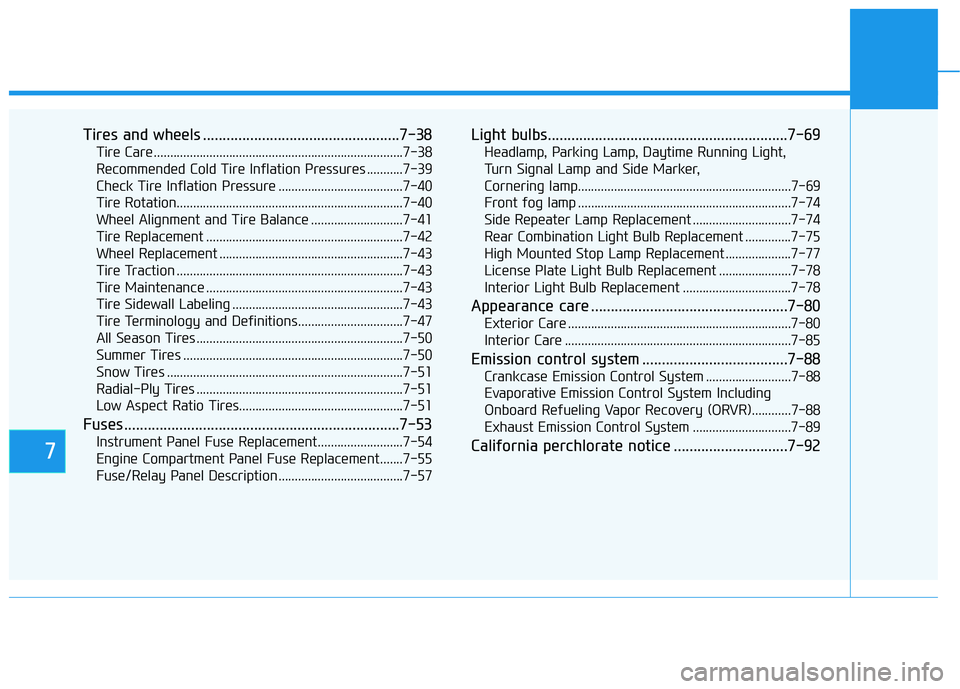 HYUNDAI KONA 2021  Owners Manual 7
Tires and wheels ..................................................7-38
Tire Care ............................................................................7-38
Recommended Cold Tire Inflation Pre
