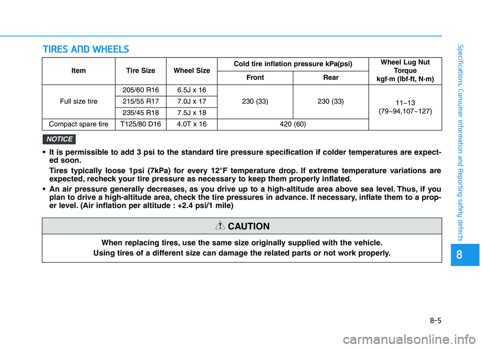 HYUNDAI KONA 2021 Owners Manual T TI
IR
RE
ES
S
A
AN
ND
D
W
WH
HE
EE
EL
LS
S
8-5
88
Specifications, Consumer information and Reporting safety defects
When replacing tires, use the same size originally supplied with the vehicle.
HYUNDAI KONA 2021 Owners Manual T TI
IR
RE
ES
S
A
AN
ND
D
W
WH
HE
EE
EL
LS
S
8-5
88
Specifications, Consumer information and Reporting safety defects
When replacing tires, use the same size originally supplied with the vehicle.
