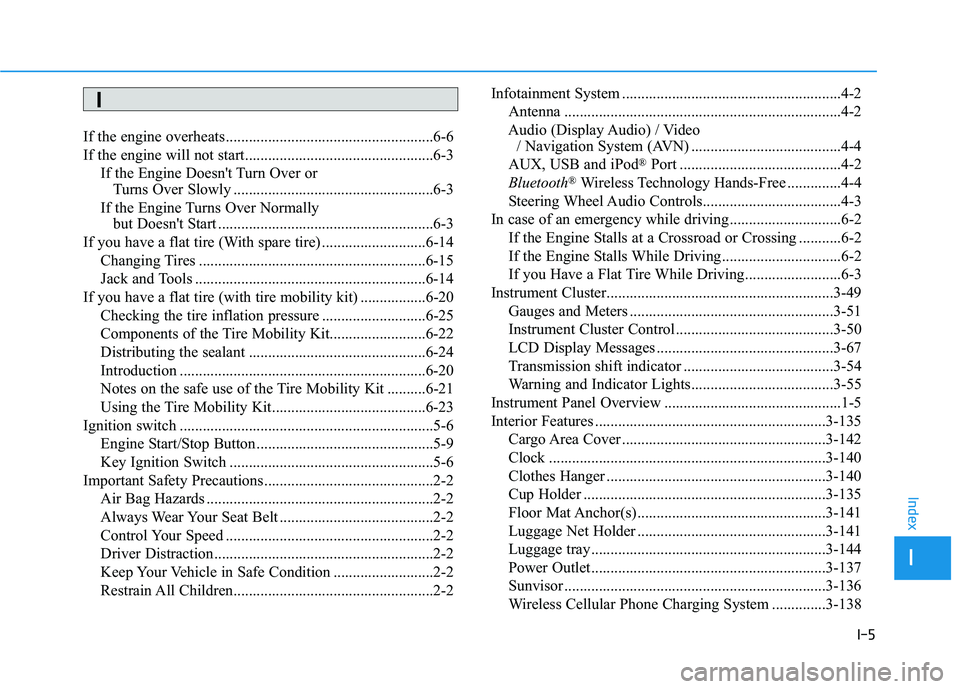 HYUNDAI KONA 2021  Owners Manual I-5
If the engine overheats ......................................................6-6
If the engine will not start.................................................6-3
If the Engine Doesn't Turn Ov