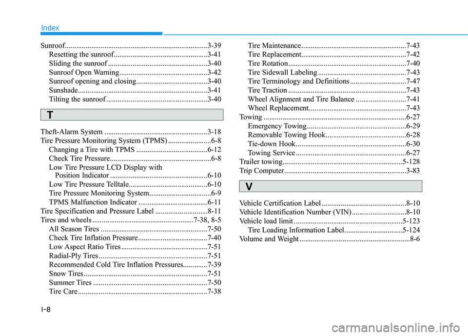 HYUNDAI KONA 2021  Owners Manual I-8
Sunroof............................................................................3-39
Resetting the sunroof..................................................3-41
Sliding the sunroof ............