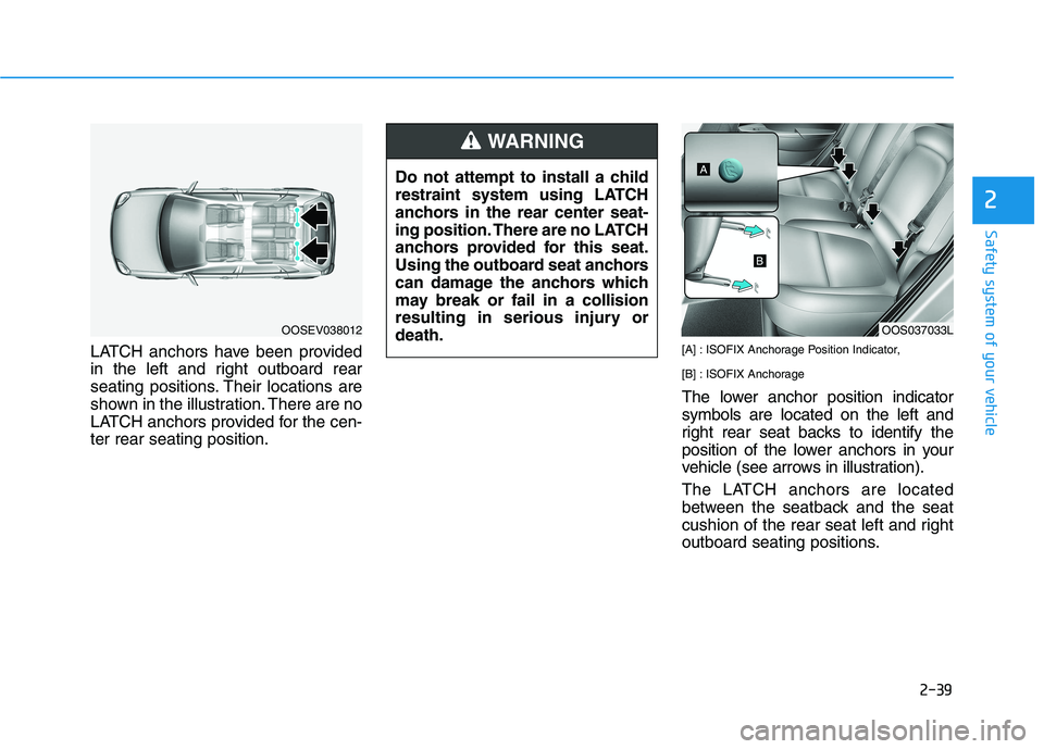 HYUNDAI KONA 2021 Workshop Manual 2-39
Safety system of your vehicle
2
LATCH anchors have been provided
in the left and right outboard rear
seating positions. Their locations are
shown in the illustration. There are no
LATCH anchors p