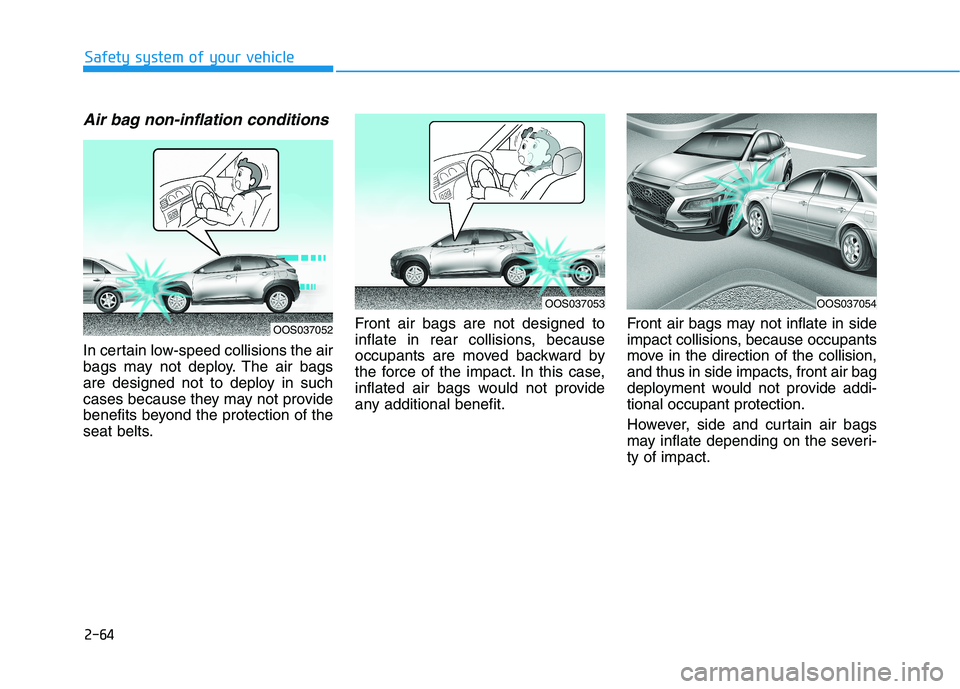 HYUNDAI KONA 2021  Owners Manual 2-64
Safety system of your vehicle
Air bag non-inflation conditions 
In certain low-speed collisions the air
bags may not deploy. The air bags
are designed not to deploy in such
cases because they may