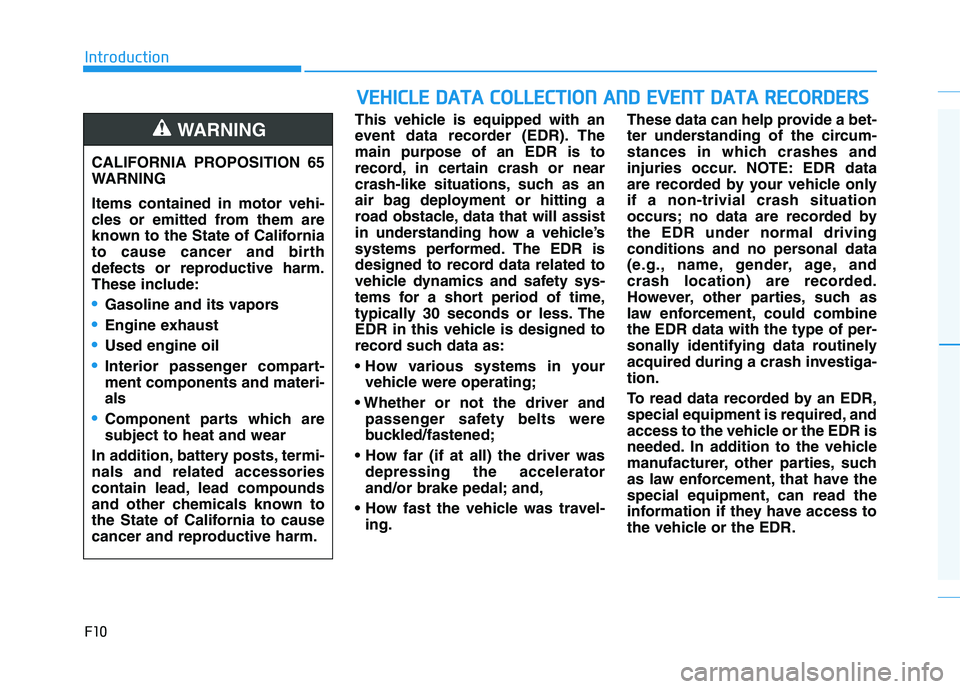 HYUNDAI KONA 2021 Owners Manual F10
Introduction
This vehicle is equipped with an
event data recorder (EDR). The
main purpose of an EDR is to
record, in certain crash or near
crash-like situations, such as an
air bag deployment or h HYUNDAI KONA 2021 Owners Manual F10
Introduction
This vehicle is equipped with an
event data recorder (EDR). The
main purpose of an EDR is to
record, in certain crash or near
crash-like situations, such as an
air bag deployment or h
